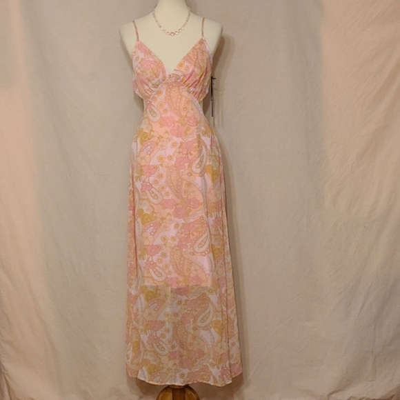 ‼️3 for $60‼️ 3rd+Malt Pink Floral Patterned Cut-out Sides Open Back Maxi Dress - Picture 1 of 12